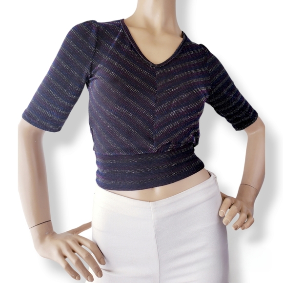 70s Retro Inspired Blue, Purple & Silver Striped Metallic Open Back Blouse - Picture 8 of 8
